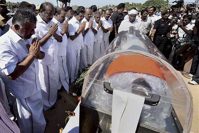 Tamil Nadu ministers pay their last respects to Kalam at the Mandapam Helipad ground in Rameswaram on July 29, 2015. PTI Photo Tamil Nadu ministers pay their last respects to Kalam at the Mandapam Helipad ground in Rameswaram on July 29, 2015. PTI Photo