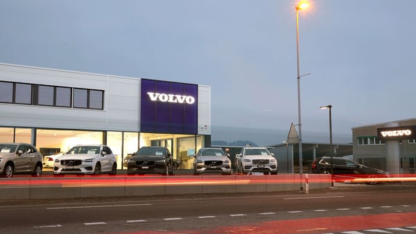 Cars of Swedish automobile manufacturer Volvo displayed in front of a showroom of Stierli Automobile AG company in St. Erhard, Switzerland