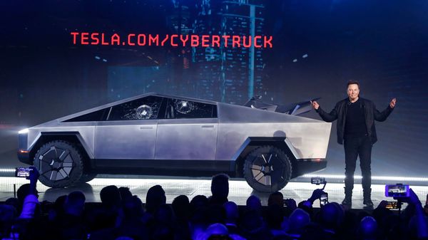 Tesla CEO Elon Musk introduces the Cybertruck at Tesla's design studio in Hawthorne, California. (AP)