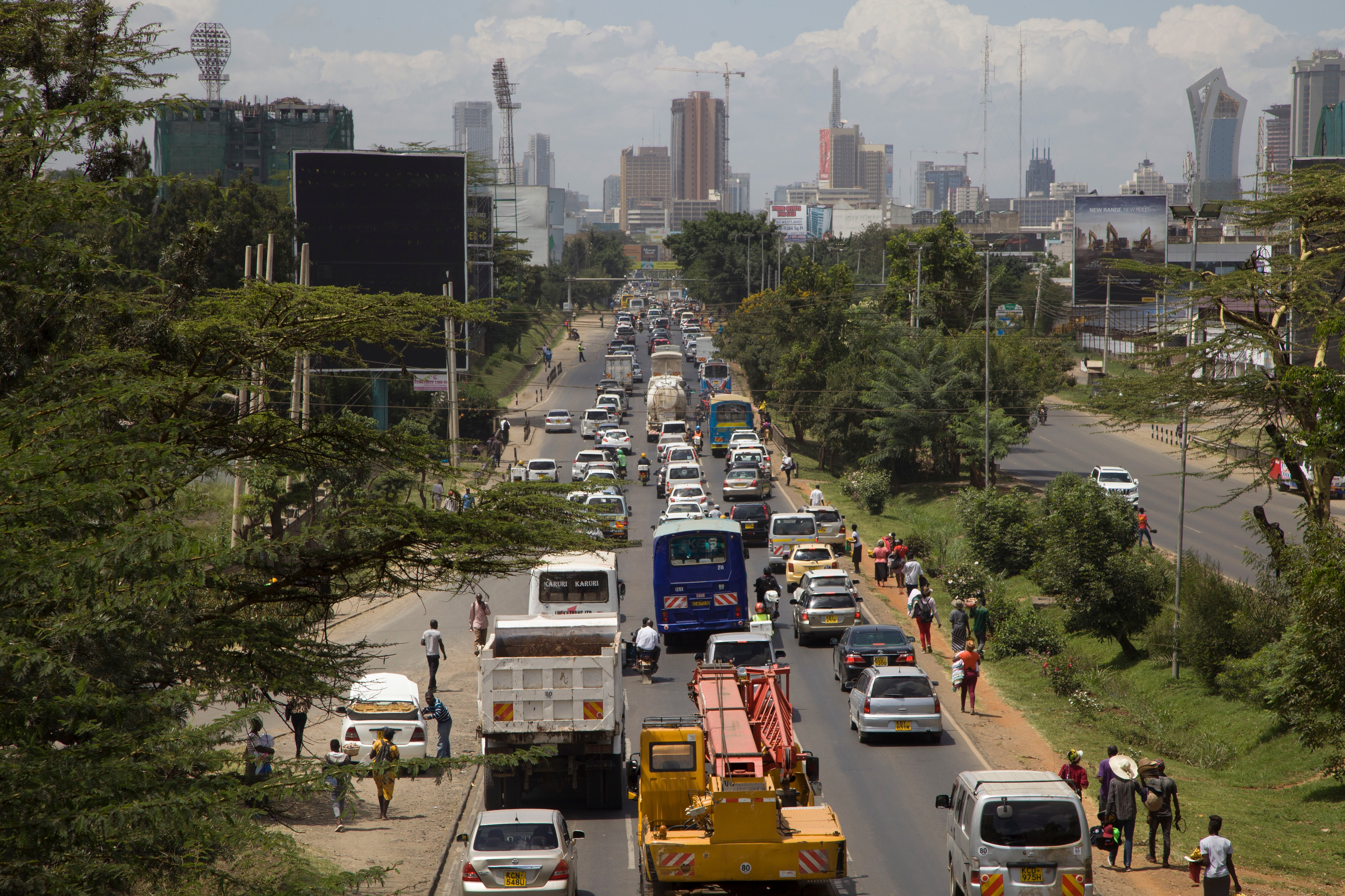 In this photo taken Thursday, Feb. 13, 2020, traffic sits queued up on Uhuru Highway leading to downtown Nairobi, Kenya. In this photo taken Thursday, Feb. 13, 2020, traffic sits queued up on Uhuru Highway leading to downtown Nairobi, Kenya.