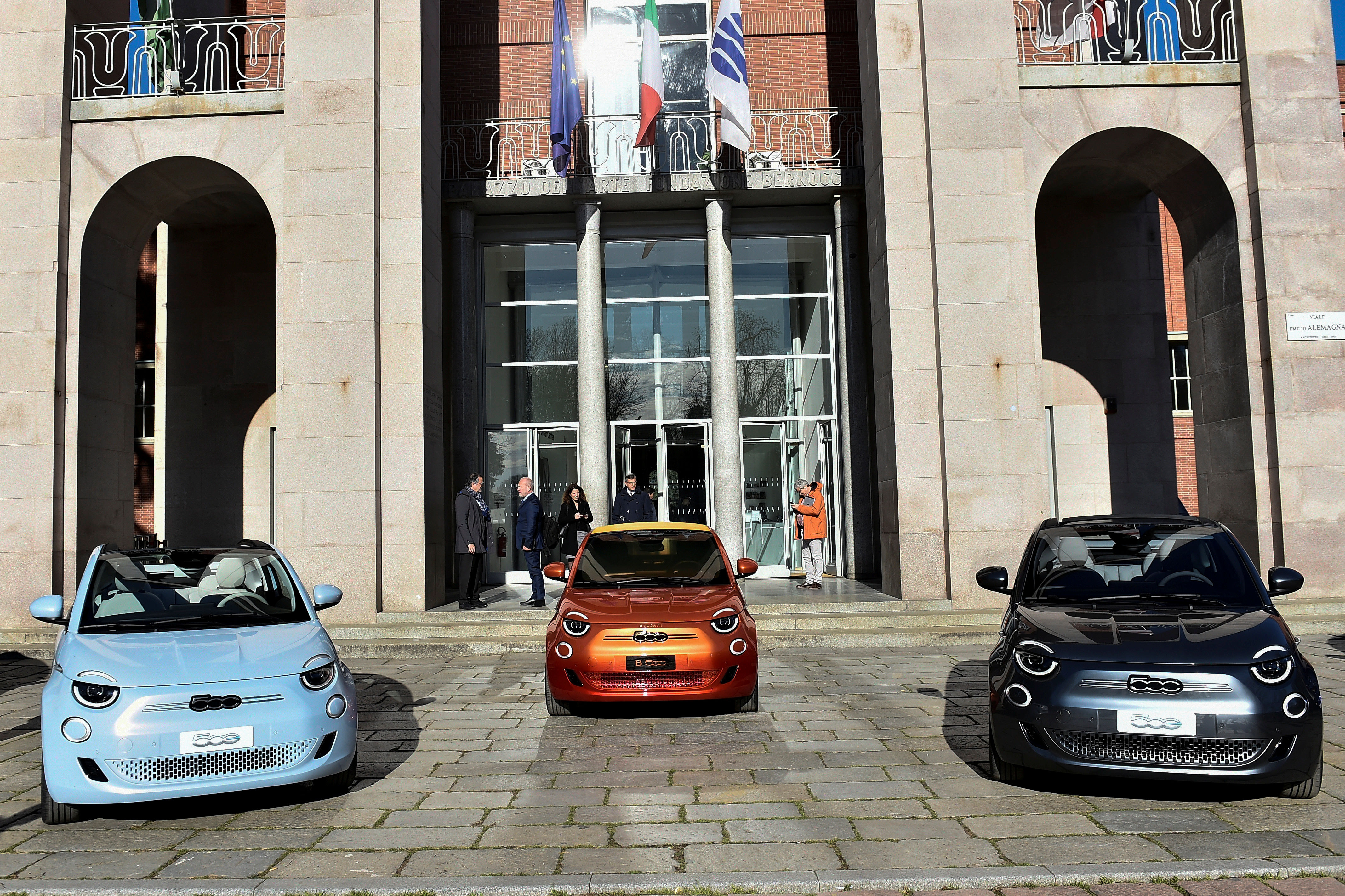 New Fiat 500 electric cars are displayed at a Fiat Chrysler event held to unveil its first electric model, in Milan, Italy.