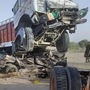Mangled remains of a car after it collided with a truck in Jodhpur district on March 14, 2020. At least 11 people were killed and three injured in the accident on the Balotra-Phalodi highway. (PTI)