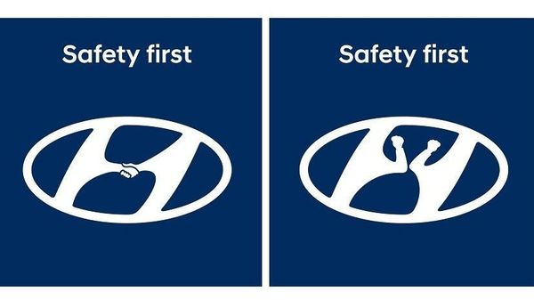 Photo representation of Hyundai's tweaked logo (right) to support social distancing.