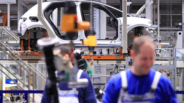 File photo for representational purpose: A Volkswagen AG (VW) ID.3 electric automobile hangs from a cradle on the assembly line at the automaker's factory in Zwickau, Germany. (Bloomberg)