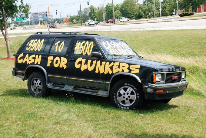 Experiments with cash for clunkers in the US has produced a mixed bag of results. (This image was tweeted by @climateguyw Experiments with cash for clunkers in the US has produced a mixed bag of results. (This image was tweeted by @climateguyw