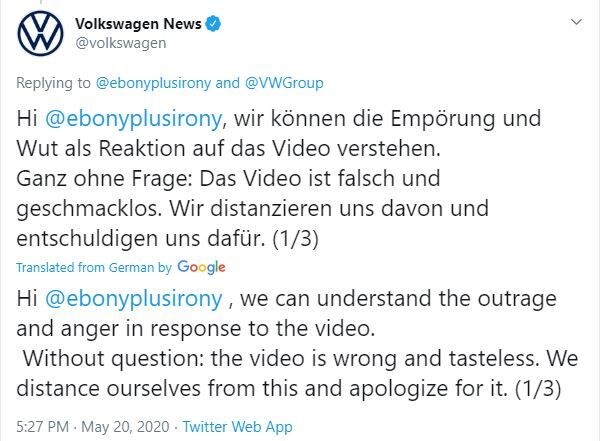 Volkswagen apologised on Twitter in three parts while replying to a Twitter user who posted a screen recording of the company's advertorial.