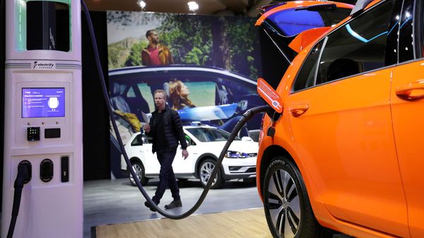 File photo: A Volkswagen E-Golf electric vehicle is displayed at the Canadian International Auto Show in Canada. (REUTERS)