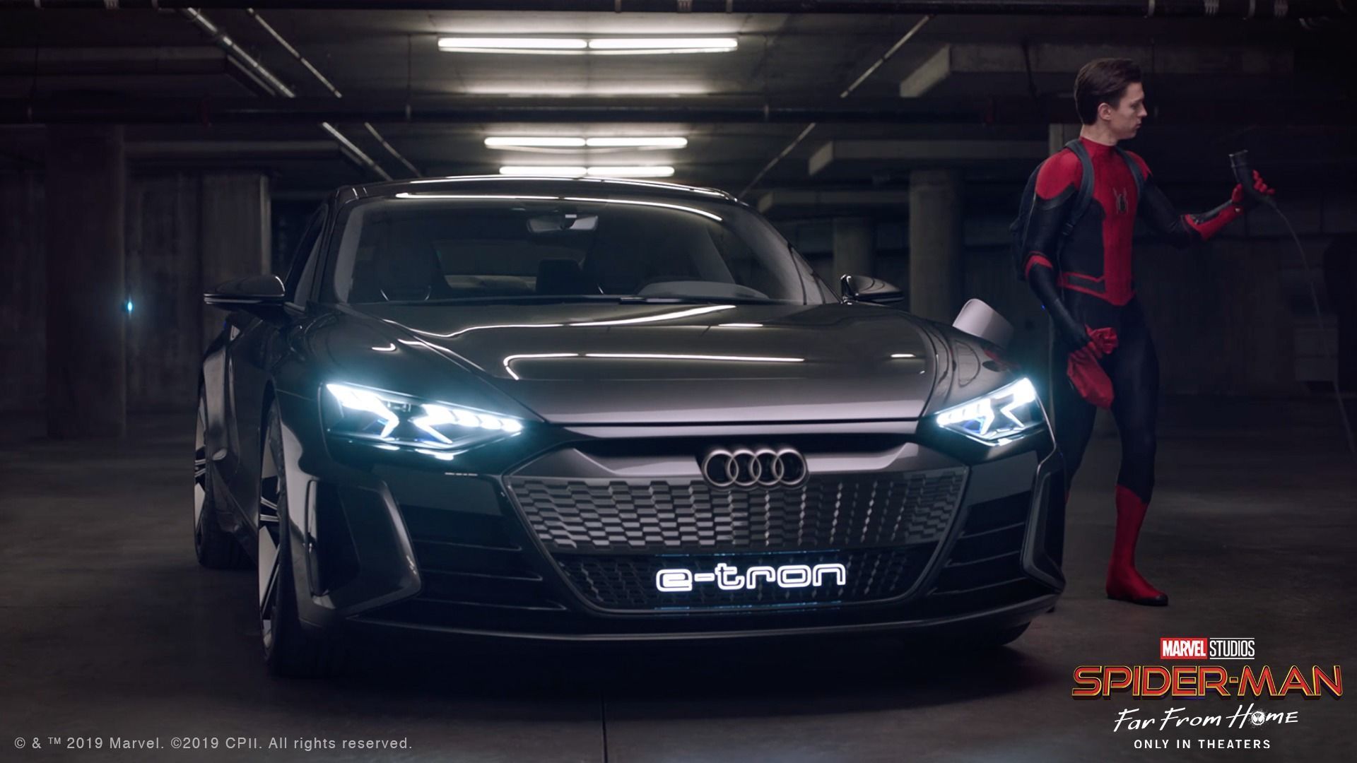 Peter Holland, who plays Spider Man, with Audi e-Tron in the 2019 movie 'Spider Man - Far From Home.' (Image courtesy: Audi AG)