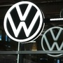 A Volkswagen (VW) logo sits on display in the visitors area of the Volkswagen AG e-Golf electric automobile factory in Dresden, Germany. (Bloomberg)
