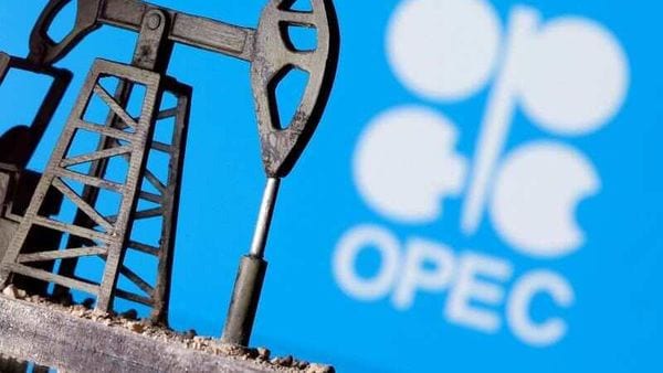 FILE PHOTO: A 3D printed oil pump jack is seen in front of displayed Opec logo in this illustration picture. (REUTERS)