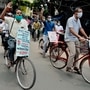 File photo: Members of All India Democratic Youth Organisation (AIDYO) participate in a cycle rally, demanding the removal of 'No Cycling Zone' and permit environment friendly cycling on every road, on the occasion of World Environment Day, in Kolkata, Friday, June 5, 2020. (PTI)