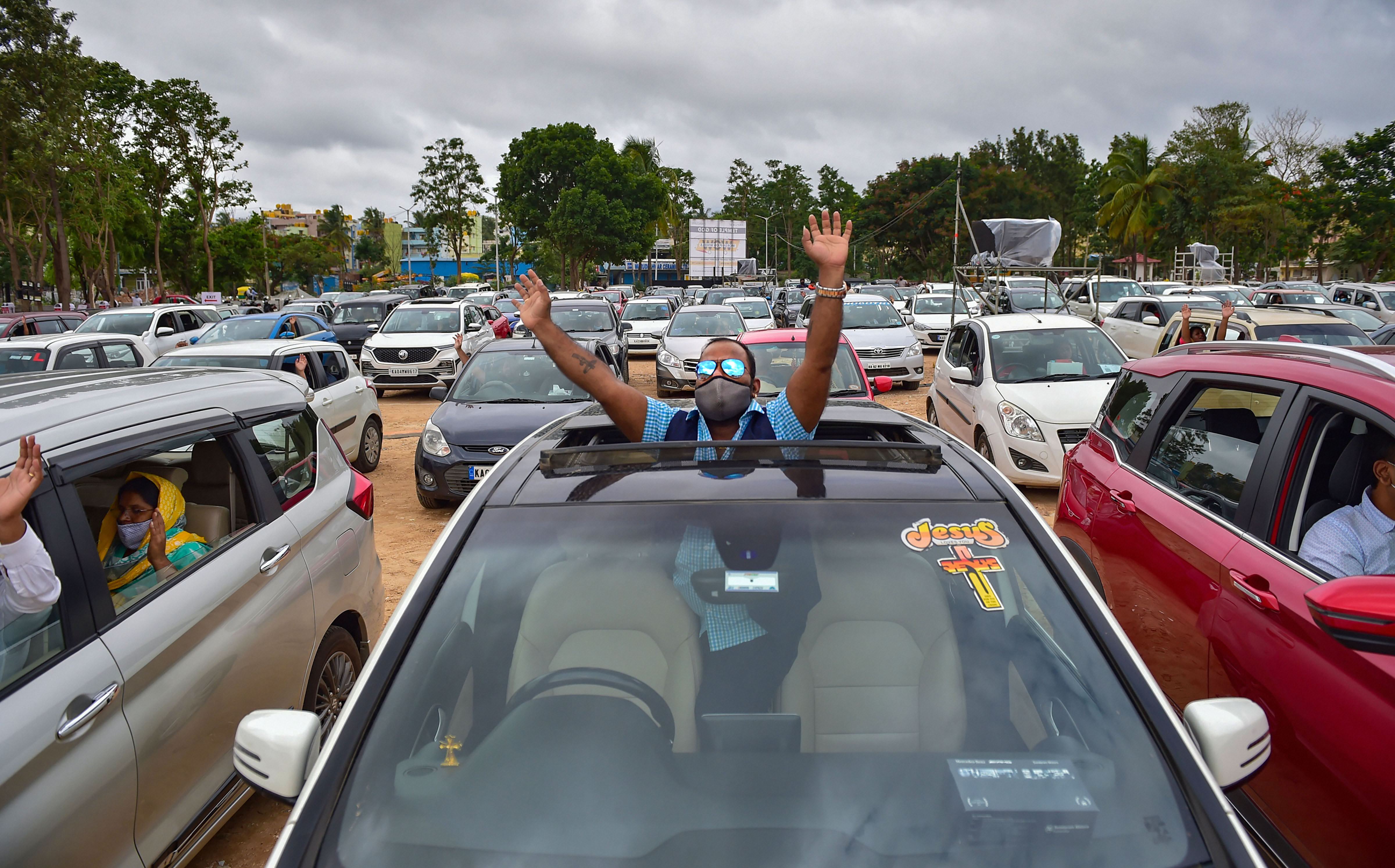 Several people attended the church at Bengaluru's Hebbal in all kinds of cars, wearing masks and maintaining physical distance. Several people attended the church at Bengaluru's Hebbal in all kinds of cars, wearing masks and maintaining physical distance.