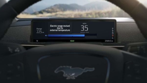 Ford Intelligent Range showing distance to recharge adjusted according to external temperature.
