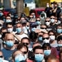 Nissan workers listen to speeches of trade union representatives during their protest in front of the Barcelona factory against the possible closure of the plant at Zona Franca, during the coronavirus disease outbreak in Barcelona, Spain, May 28, 2020.  (REUTERS)