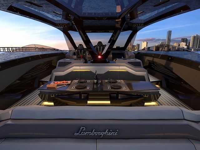 Lamborghini’s iconic clean lines, hexagon shapes, Y-motif and materials are clearly incorporated into the yacht's interior design. Lamborghini’s iconic clean lines, hexagon shapes, Y-motif and materials are clearly incorporated into the yacht's interior design.