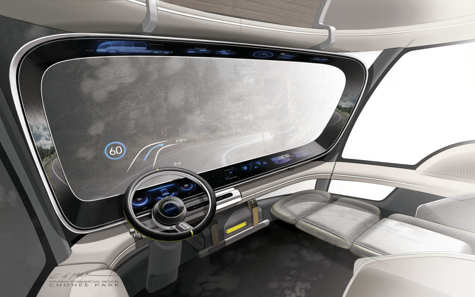 A sketch of the cabin inside a Hyundai HDC-6 Neptune Concept truck.