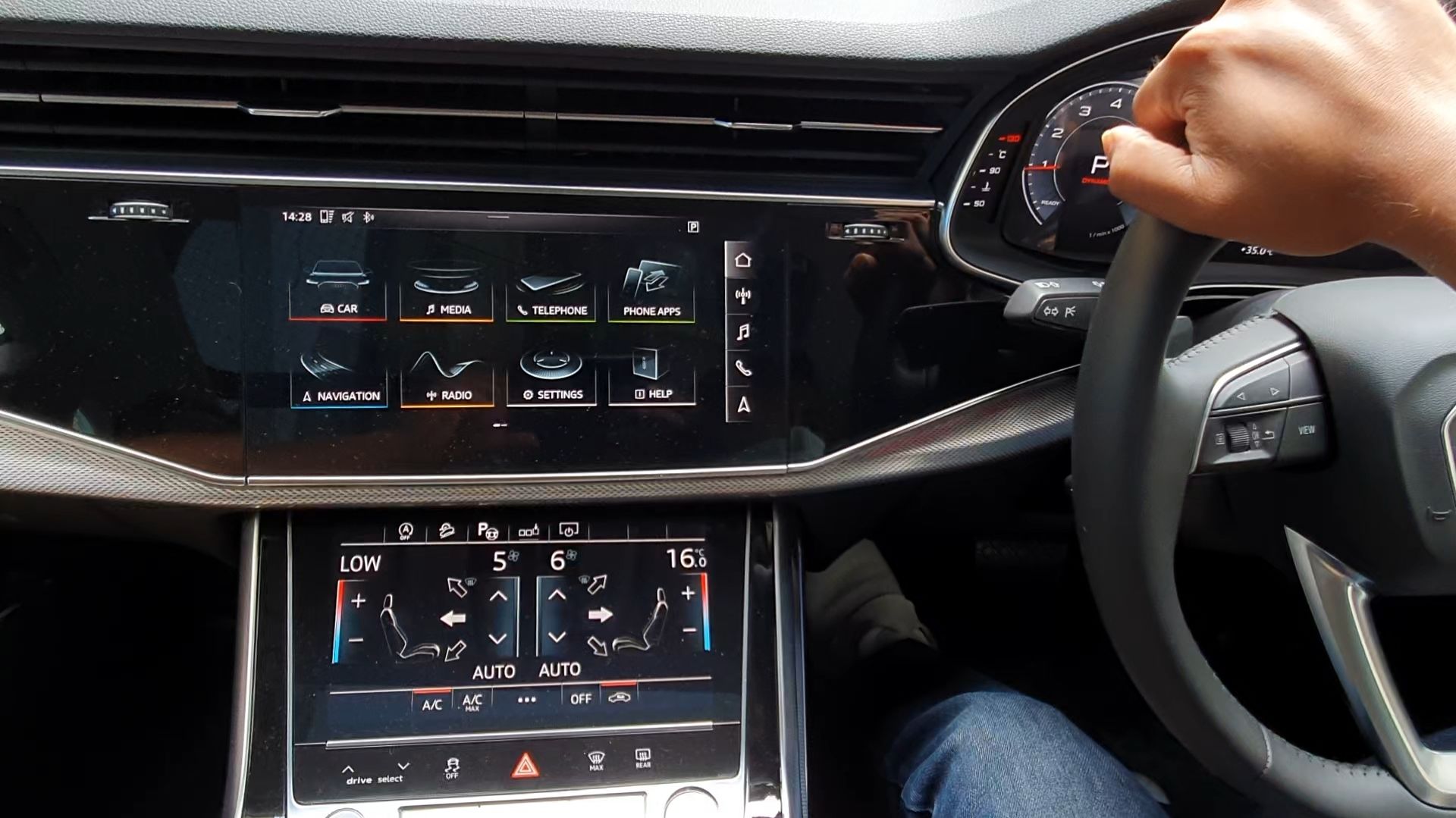 There are three screens inside the Q8. The main twin-screen unit features several functionalities while Audi Virtual Cockpit behind the steering is made use of by controls on the steering itself. (HTAuto.com/Sabyasachi Dasgupta) There are three screens inside the Q8. The main twin-screen unit features several functionalities while Audi Virtual Cockpit behind the steering is made use of by controls on the steering itself. (HTAuto.com/Sabyasachi Dasgupta)