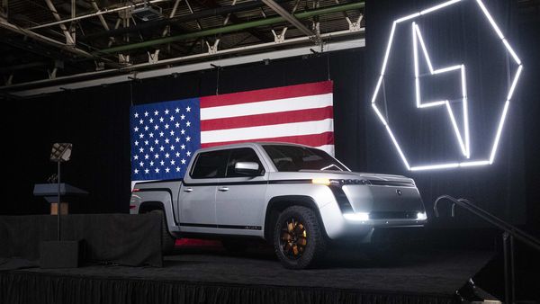 The Lordstown Motors Endurance electric pickup truck sits on stage during an unveiling event in Ohio on June 25. (Bloomberg)