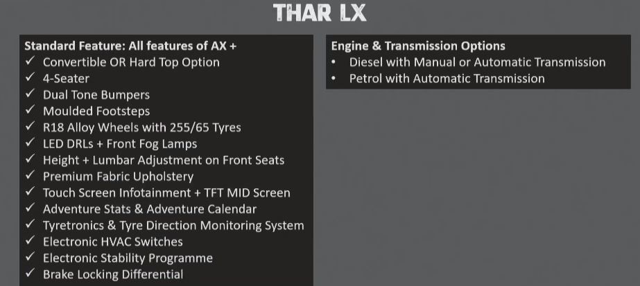 Highlights of Mahindra Thar LX.