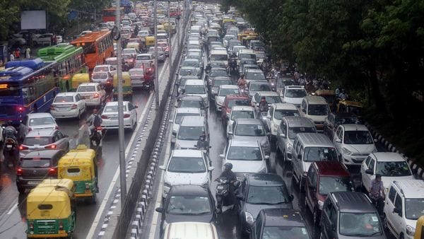 A view of a heavy traffic jam at Vikas Marg after rainfall in New Delhi. (ANI Photo)