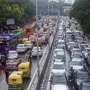 A view of a heavy traffic jam at Vikas Marg after rainfall in New Delhi. (ANI Photo)