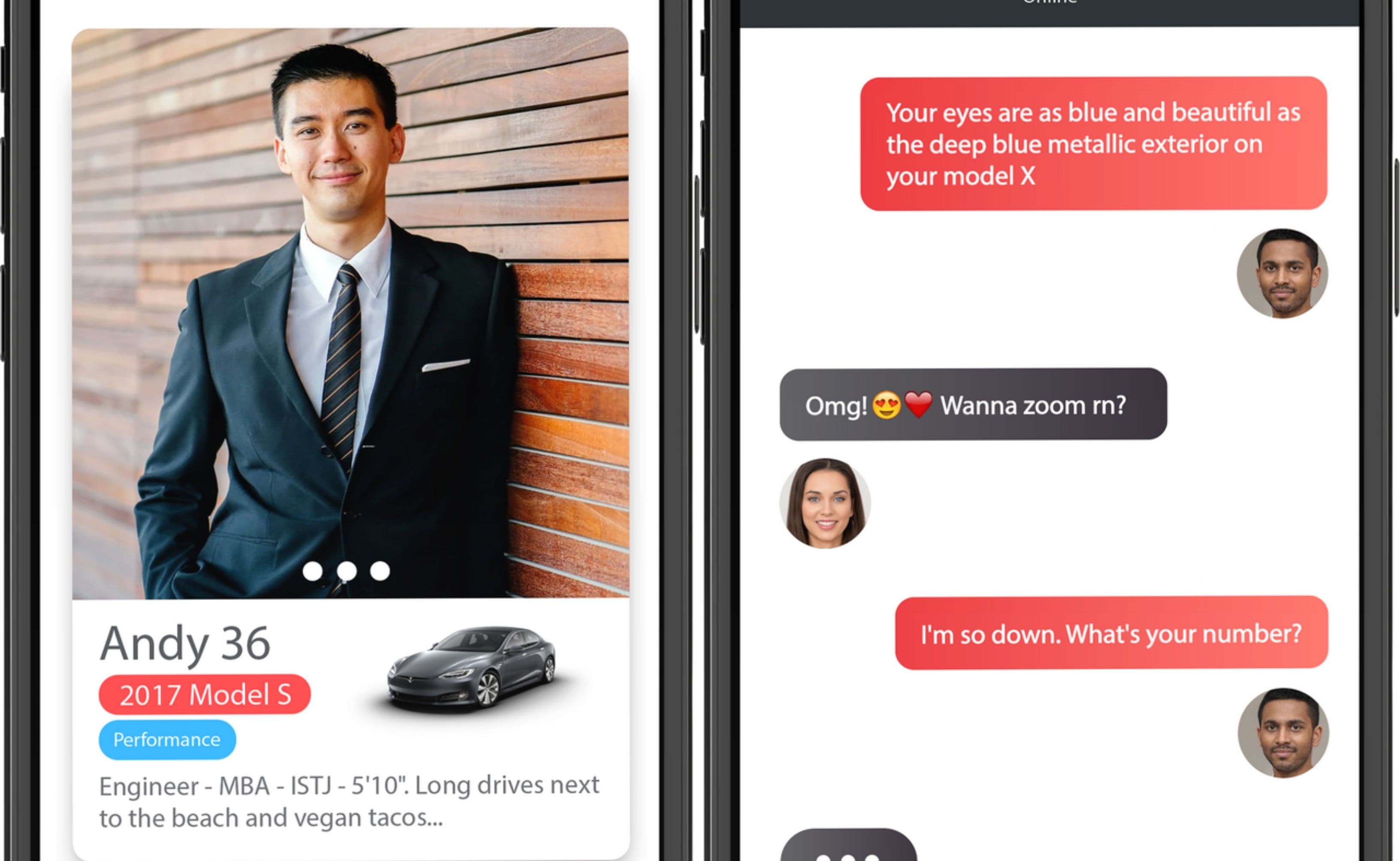 A prototype image of the Tesla Dating app