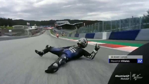MotoGP racer Maverick Vinales captured skidding on the racing track after he jumped off his bike. (Photo courtesy: Twitter/@@MotoGP)