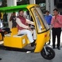 Union Minister Prakash Javadekar riding an electric three-wheeler for which Grinntech developed and licensed low-cost lithium-ion battery. (Photo courtesy: Twitter/@IITMIC)