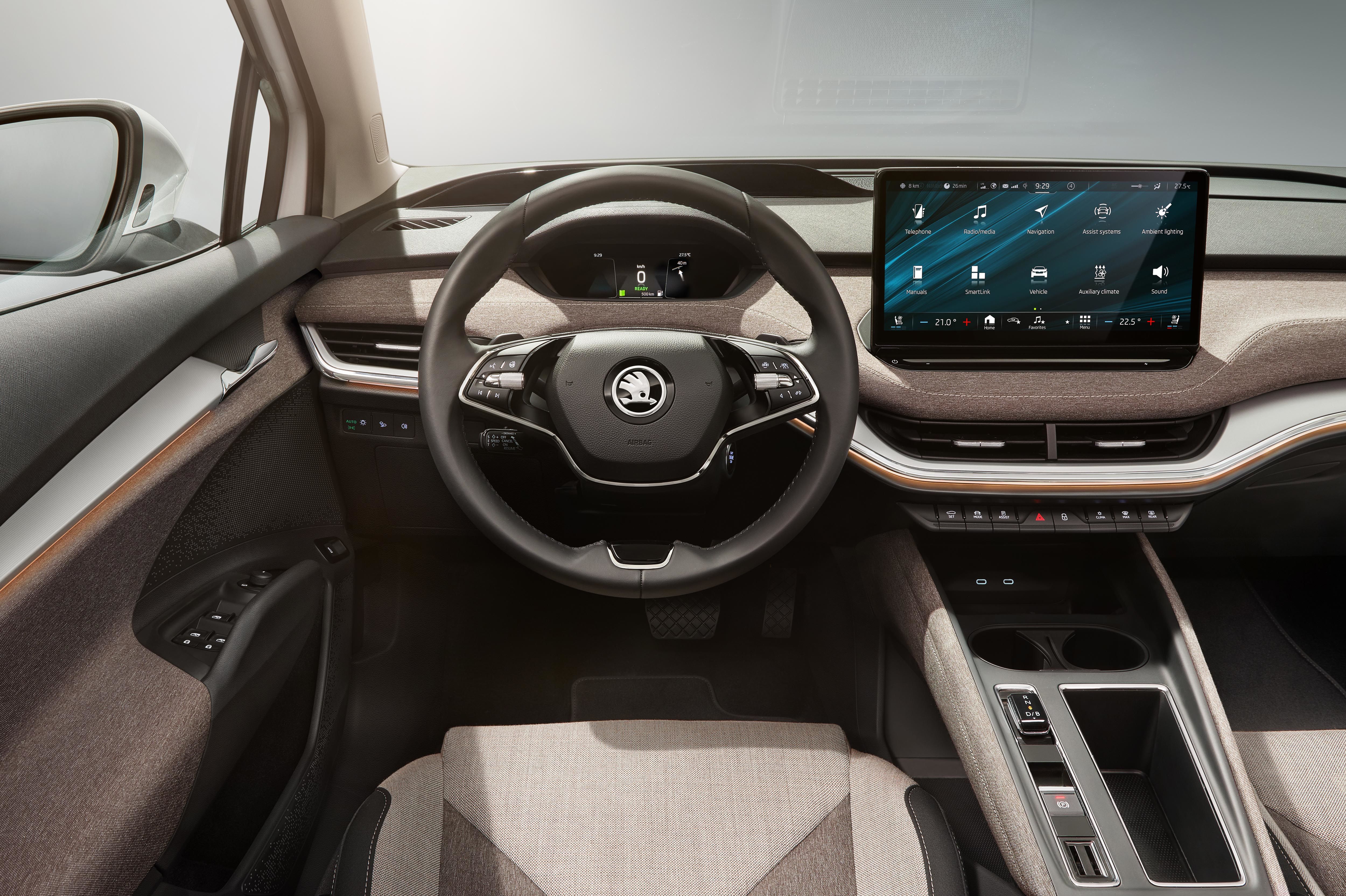 Interior of the Enyaq SUV is highlighted by its large 13-inch infotainment display.
