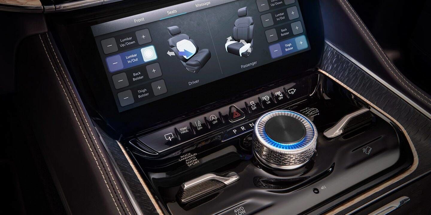 The screen under the main infotainment display inside the Grand Wagoneer Concept. The screen under the main infotainment display inside the Grand Wagoneer Concept.