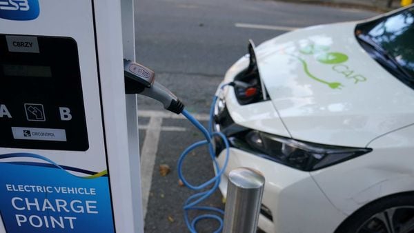 An ESB (Electricity Supply Board) electric vehicle charge point is seen in use in Dublin, Ireland.