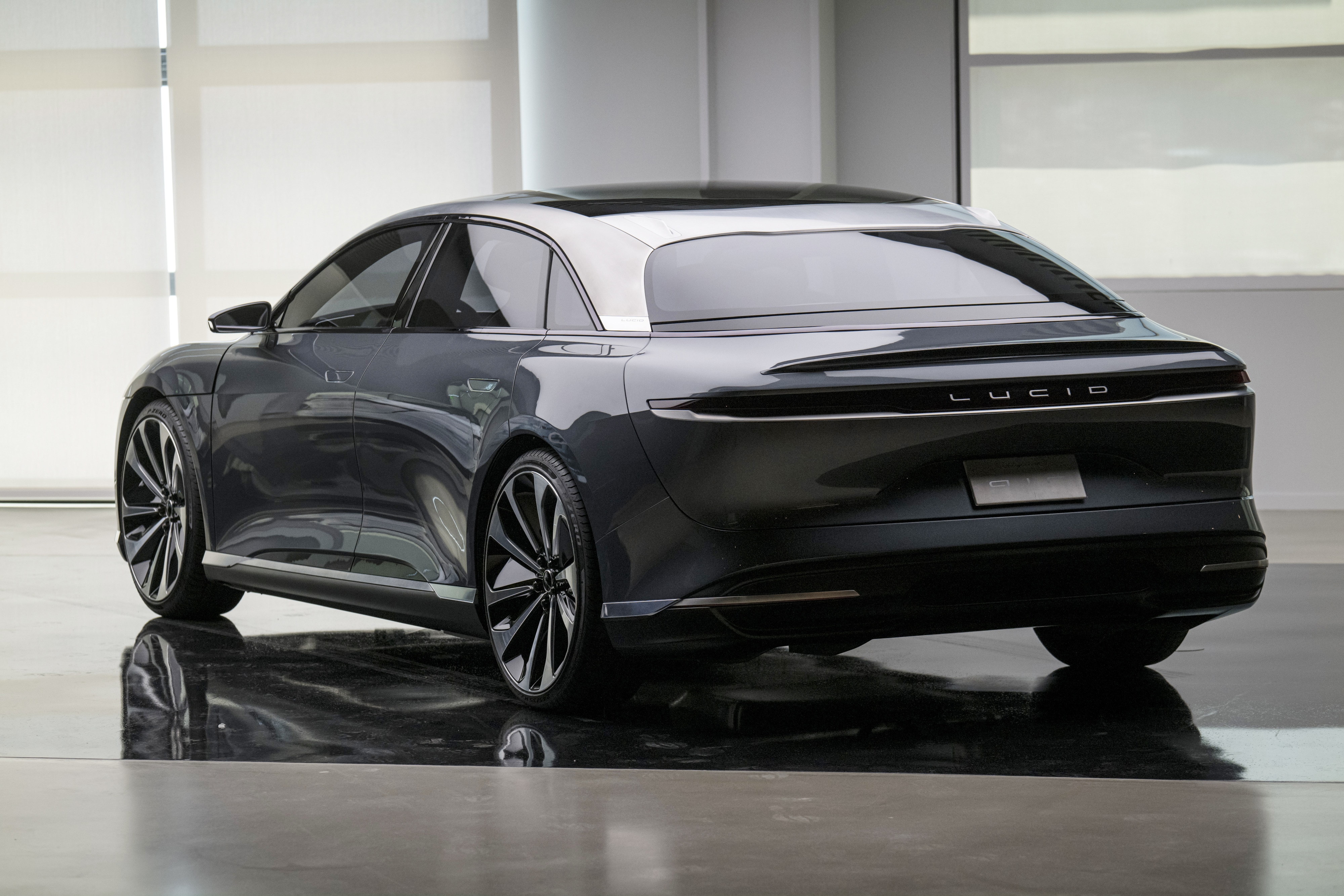 The Lucid Air prototype electric vehicle, manufactured by Lucid Motors Inc., is displayed at the company's headquarters in Newark, California, U.S., on Monday, Aug. 3, 2020. The final specs and design of the Lucid Air are due to be unveiled at an event in September and executives say customers can now expect delivery of the first batch of Airs in spring 2021.
