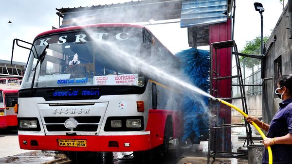 File photo of Karnataka State Road Transport Corporation bus getting sanitised. (ANI)