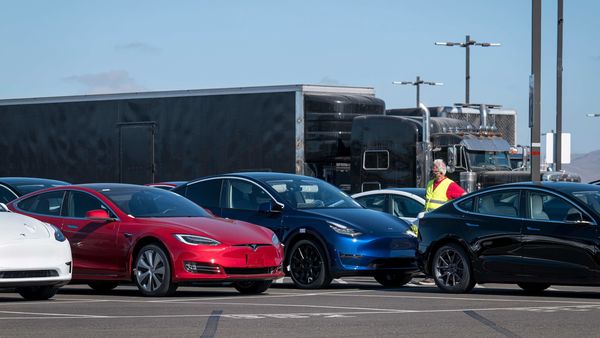 Tesla electric vehicles outside the company's assembly plant in Fremont, California. (Bloomberg)