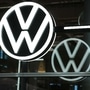 A Volkswagen (VW) logo sits on display in the visitors area of the Volkswagen AG e-Golf electric automobile factory in Dresden, Germany. (Bloomberg)