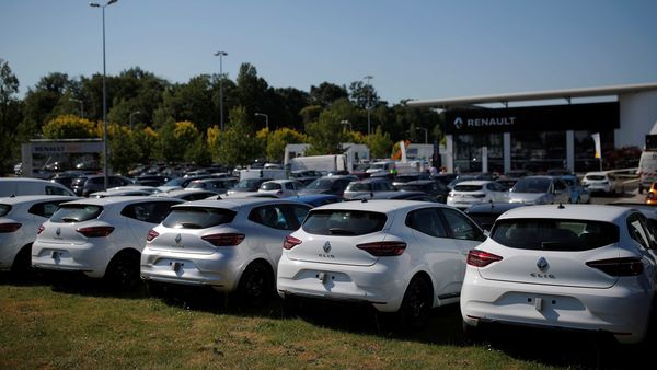 Cars are displayed for sale at a Renault dealership in Nantes, France. (REUTERS)
