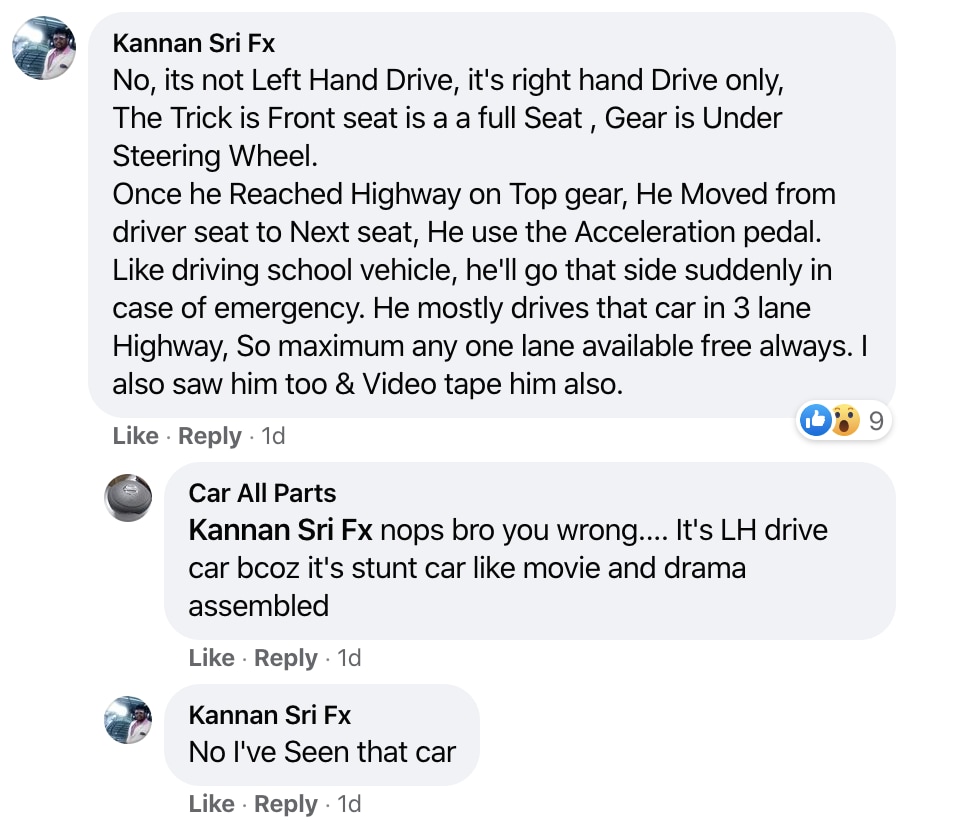 Screenshot of comments claiming the driver of the 'driverless car' has a unique driving habit.