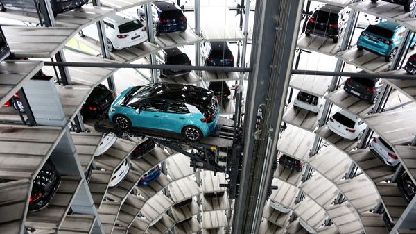 A new Volkswagen AG (VW) ID.3 electric automobile inside one of the automaker's Autostadt delivery towers at the VW headquarters in Wolfsburg, German. (Bloomberg)