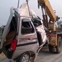 A view of a crushed vehicle as two people died and several were injured in a road accident on Yamuna Expressway.