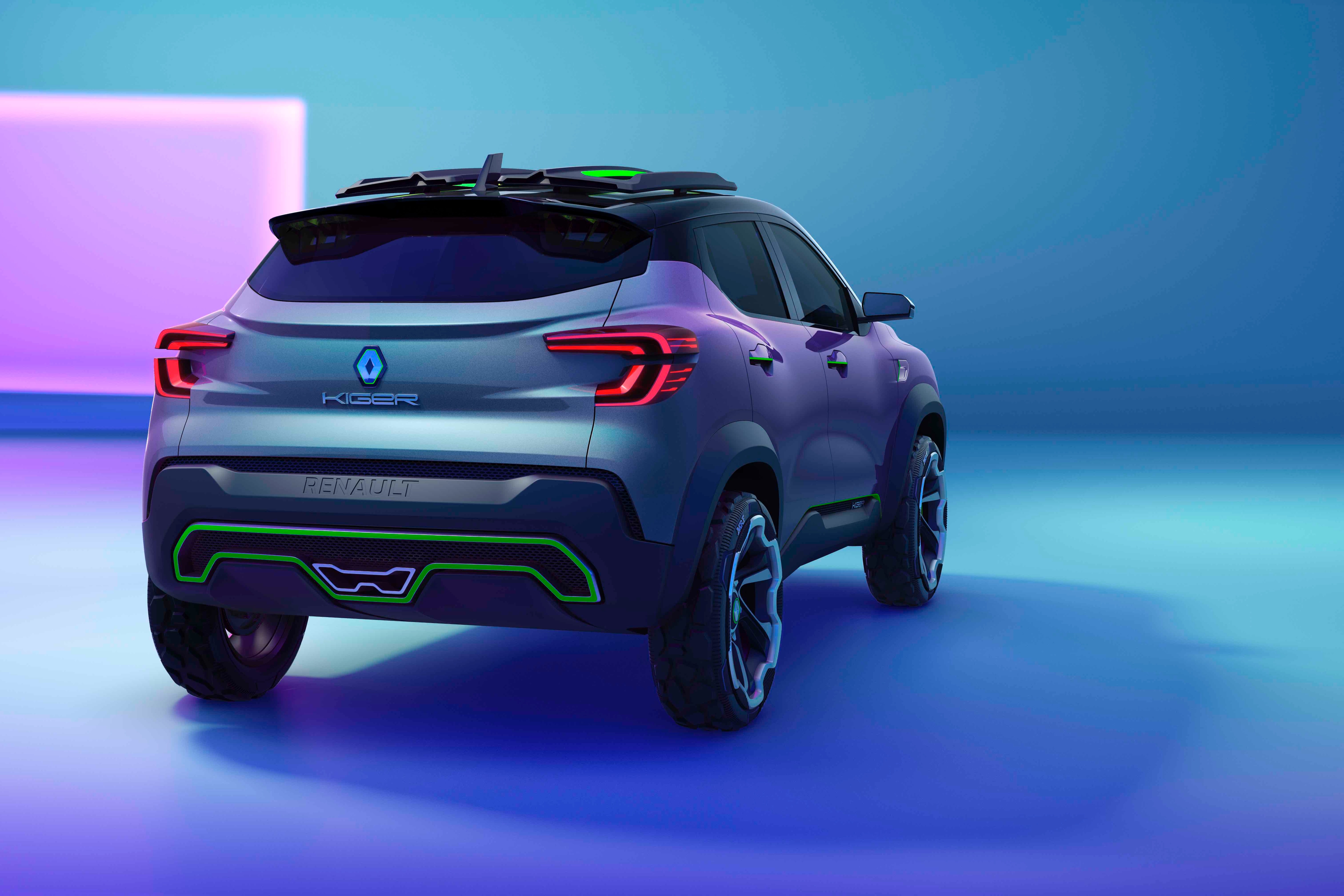 Renault Kiger in showcar form looks appealing, thanks to its blue and purple hues.