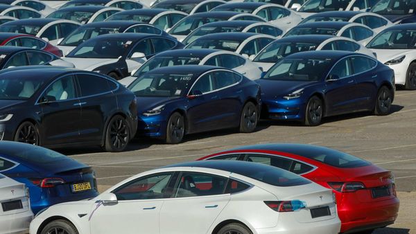 Tesla cars lined up at Southampton port in the UK, (File photo) (Bloomberg)