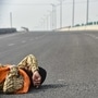 A farmer sleeps on the road on NH-24 during protests against the new farm laws, at Ghazipur border in New Delhi. (PTI)
