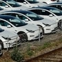 New electric automobiles, manufactured by Tesla Inc., sit on the dockside after being imported to the Port of Southampton in Southampton, UK. (File photo used for representational purpose) (Bloomberg)