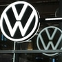 A Volkswagen (VW) logo sits on display in the visitors area of the Volkswagen AG e-Golf electric automobile factory in Dresden, Germany. (Bloomberg)