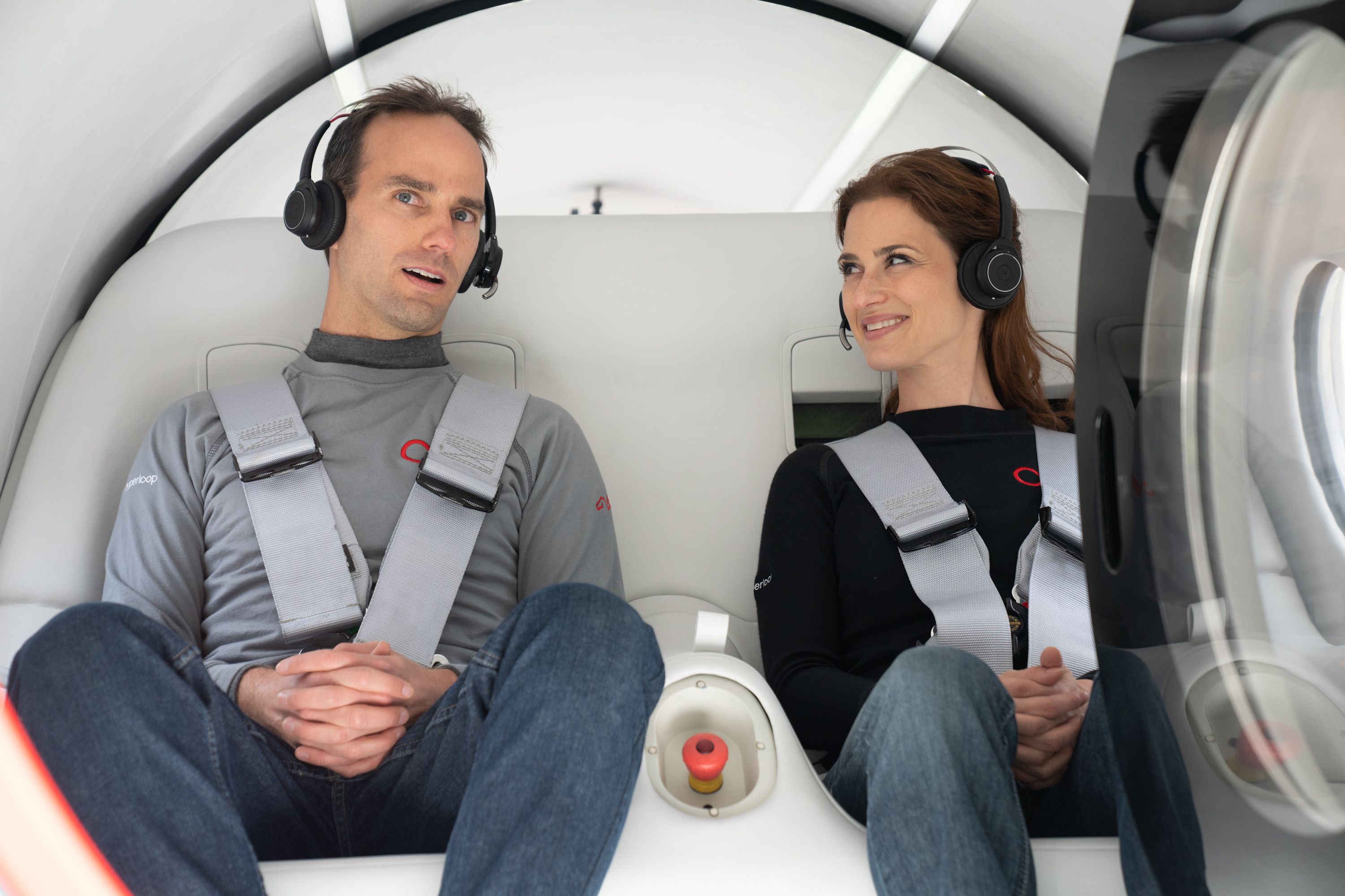 Sara Luchian (R) with Josh Giegel during a test ride inside the hyperloop system. Sara Luchian (R) with Josh Giegel during a test ride inside the hyperloop system.