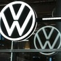 A Volkswagen (VW) logo sits on display in the visitors area of the Volkswagen AG e-Golf electric automobile factory in Dresden, Germany. (Bloomberg)