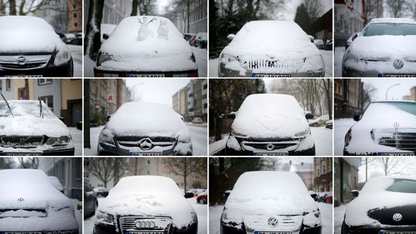 A combination picture shows snow-covered cars during snowfall in Dortmund, Germany. (REUTERS)