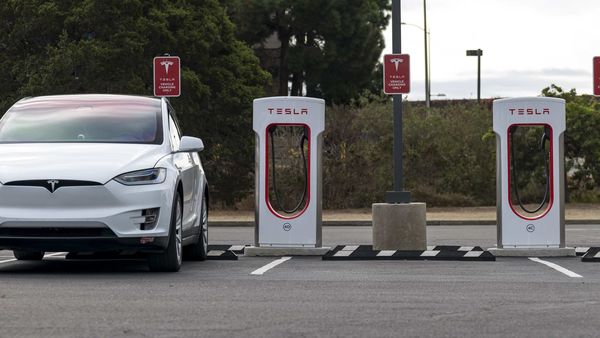 A Tesla electric vehicle at a charging station in California. (File photo) (Bloomberg)