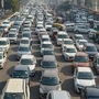 Vehicles stuck in a traffic jam as Delhi Police intensify checking after closing the border amid farmers' agitation against the new farm laws, at Anand Vihar in New Delhi on February 1. (PTI) (HT_PRINT)