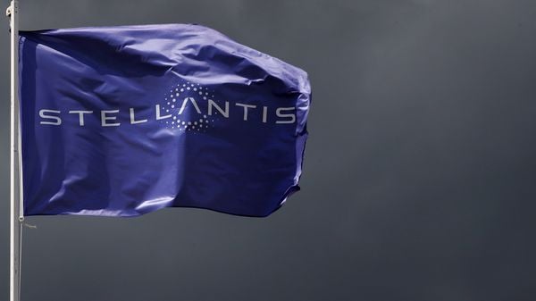 A flag with the logo of Stellantis. (File photo) (Reuters)